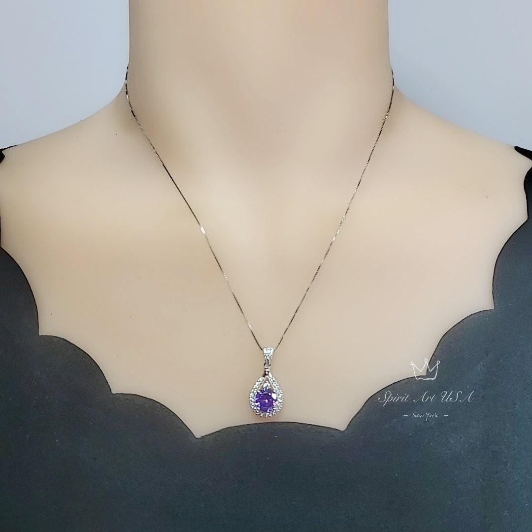 Genuine Amethyst Necklace - 925 Sterling Silver Round Natural Amethyst Pendant - Gemstone White Gold Plated February Birthstone #496