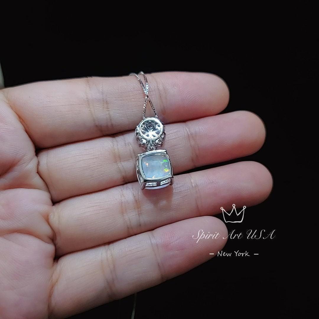 Four leaf clover Opal Necklace - Cushion Cut - White Fire Opal Pendant - Gemstone Flower Bail - White Gold coated Sterling Silver #448