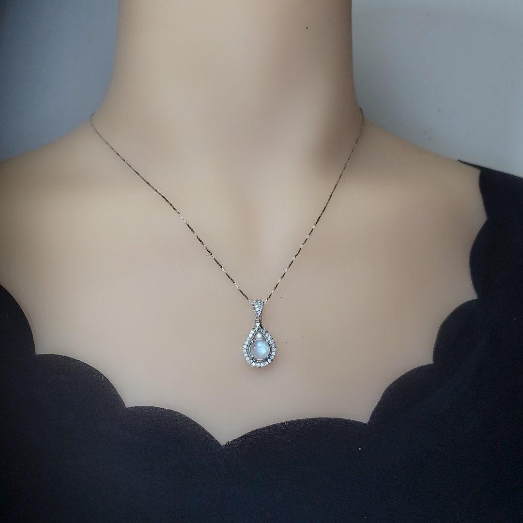 Genuine Flash Moonstone Necklace - Sterling Silver Teardrop Cubic Zirconia Pendant - Round Moonstone Jewelry 1083