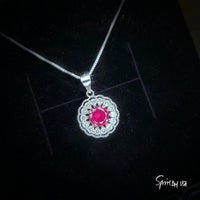 Tiny Ruby Flower Necklace Diamond Cherry Blossoms Sterling Silver White Gold Plated 0.85 CT July Birthstone 1049