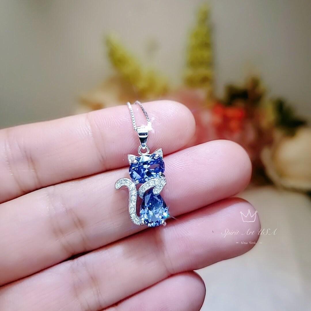 Blue Tanzanite Necklace, Kitty Cat Lover - Deep blue Tanzanite Pendant - Gemstone White Gold Plated Sterling Silver Pets Lover Jewelry #220