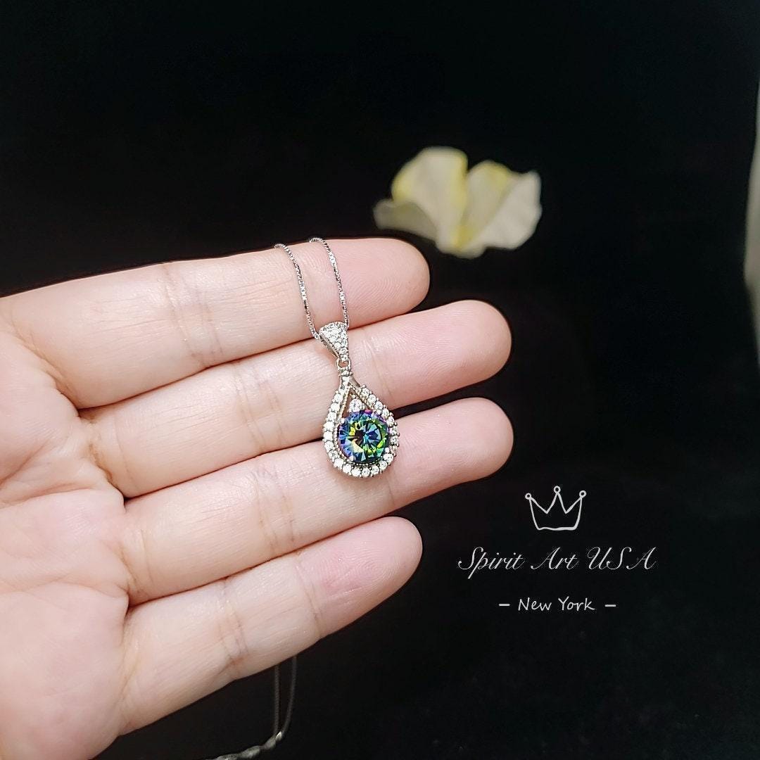 Mystic Rainbow Topaz Necklace - Sterling Silver Round 8mm Mystic Topaz Pendant - 18KGP - Teardrop Gemstone Halo Style #282