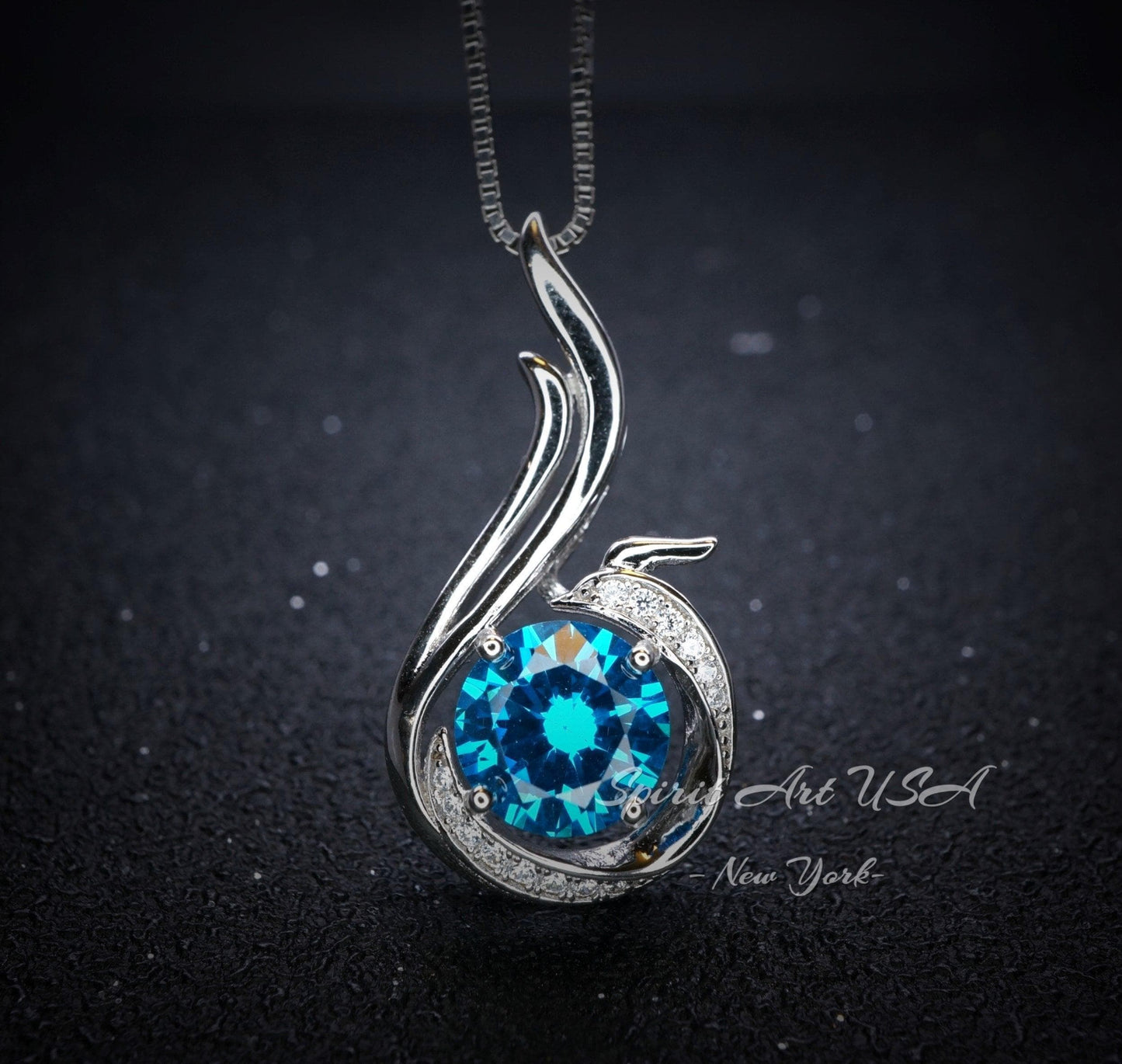 8mm Blue Topaz Necklace - 18KGP @ Sterling silver - 2 CT Swiss Blue Phoenix Style Topaz Pendant #694