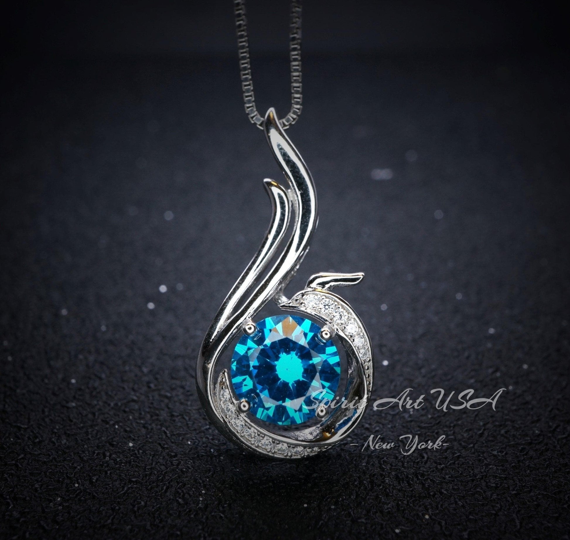 8mm Blue Topaz Necklace - 18KGP @ Sterling silver - 2 CT Swiss Blue Phoenix Style Topaz Pendant #694