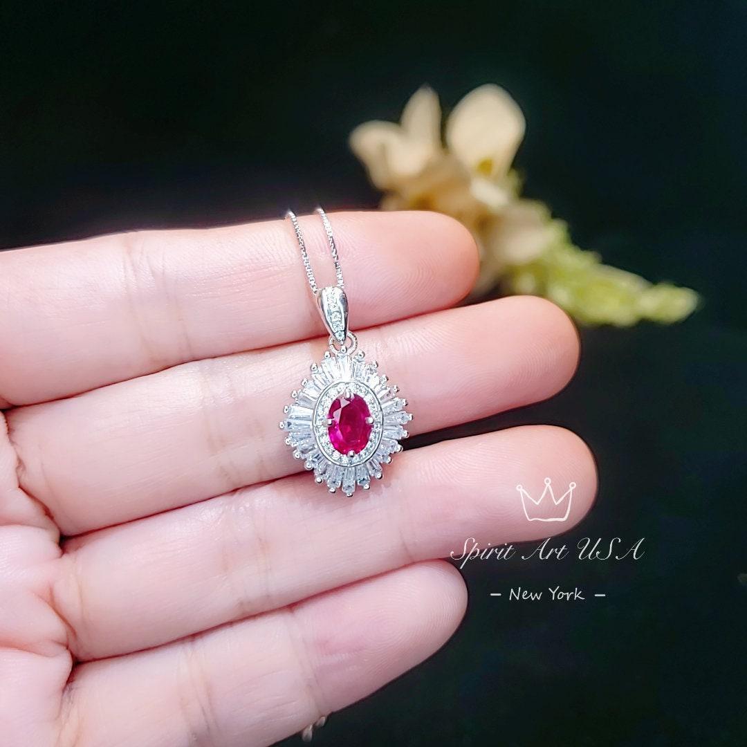 Dainty Ruby Necklace - Full Sterling Silver Oval Cut Red Ruby Pendant - July Birthstone - Ruby Jewelry #671