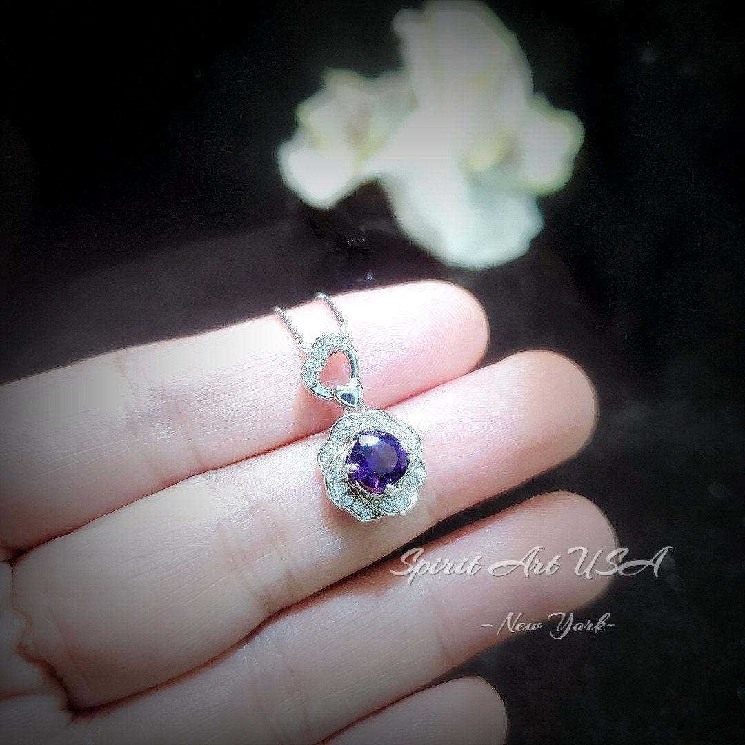 Natural Amethyst Necklace Pendant, February Birthstone 18K Gold Plated Sterling Silver Floral Design, rose flower jewelry #417