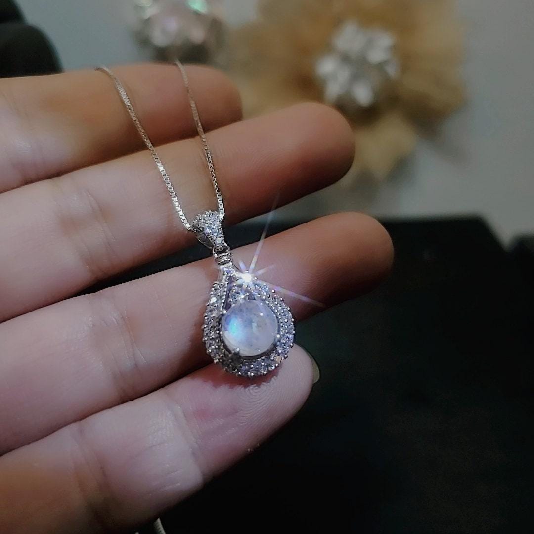 Genuine Flash Moonstone Necklace - Sterling Silver Teardrop Cubic Zirconia Pendant - Round Moonstone Jewelry 1083