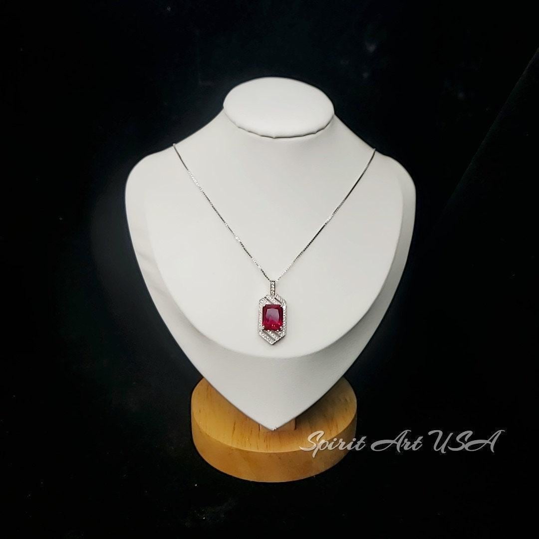 Large Geometric Ruby Necklace - Full Sterling Silver Gemstone Spacecraft Style - 4.5 Ct Rectangle Cut Ruby Jewelry #757