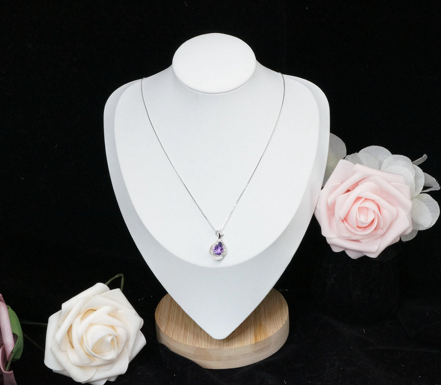 Natural Amethyst Necklace, Gemstone Petal Flower Pendant, 2.1 CT Genuine Purple Amethyst Pendant Sterling Silver White Gold Plated #455