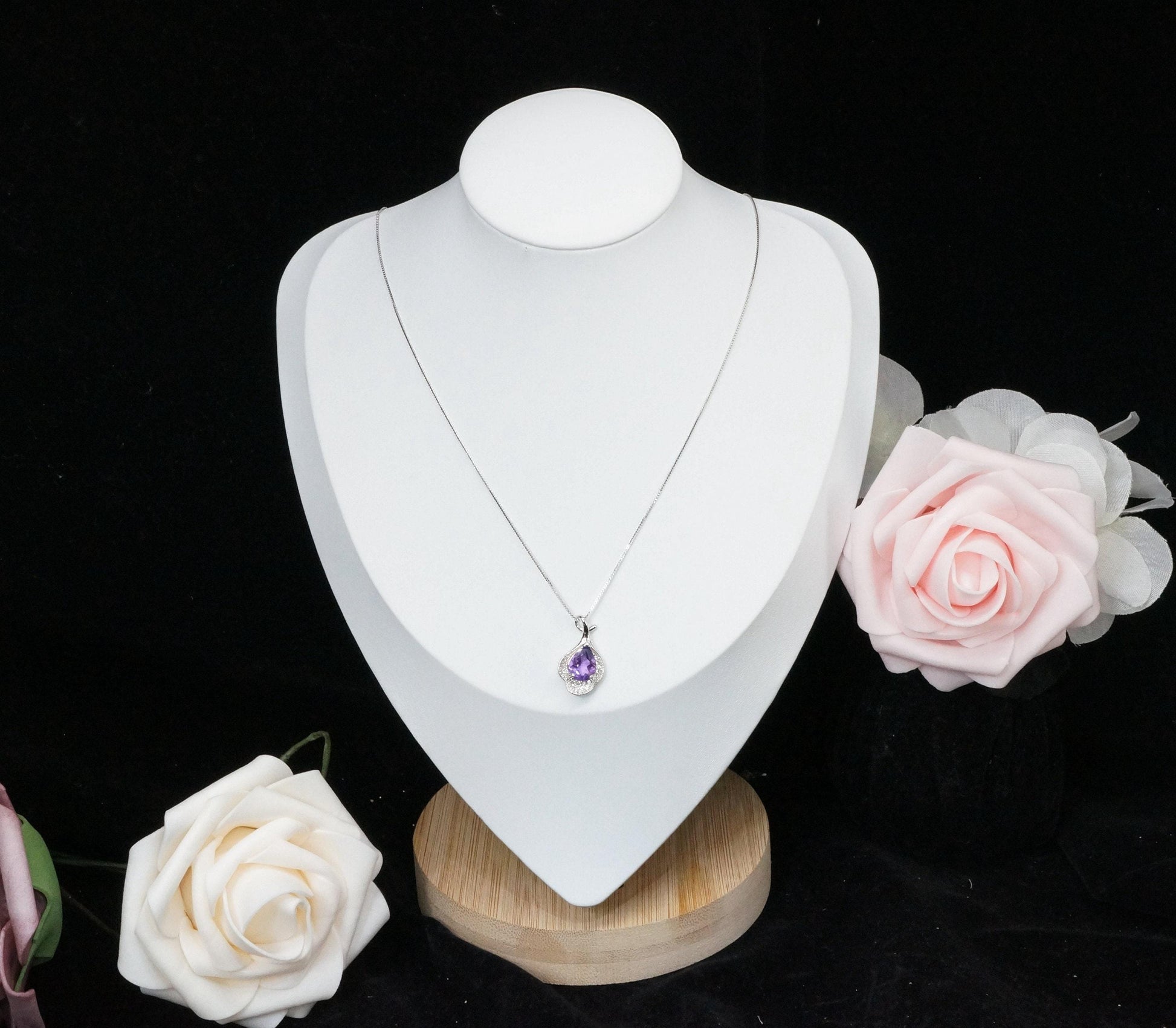 Natural Amethyst Necklace, Gemstone Petal Flower Pendant, 2.1 CT Genuine Purple Amethyst Pendant Sterling Silver White Gold Plated #455