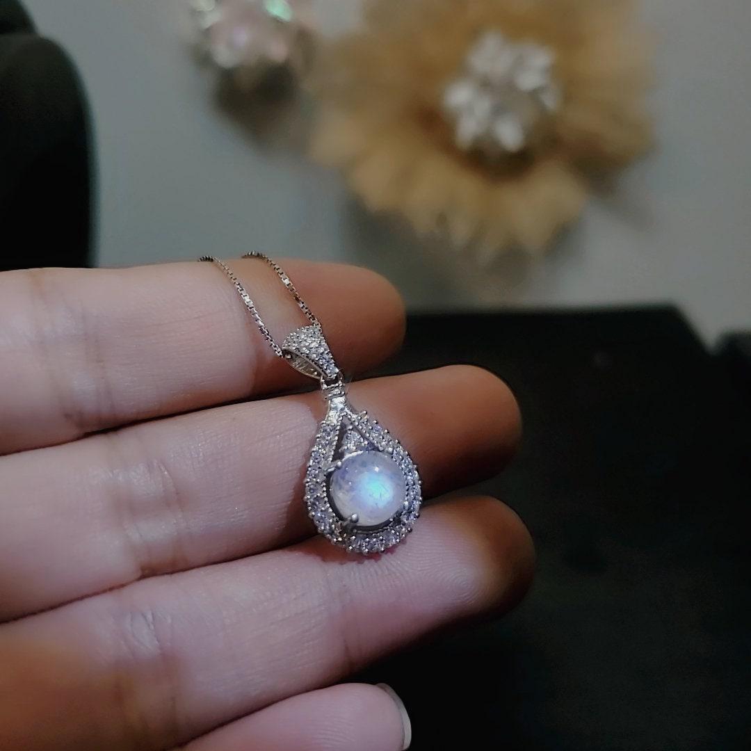 Genuine Flash Moonstone Necklace - Sterling Silver Teardrop Cubic Zirconia Pendant - Round Moonstone Jewelry 1083