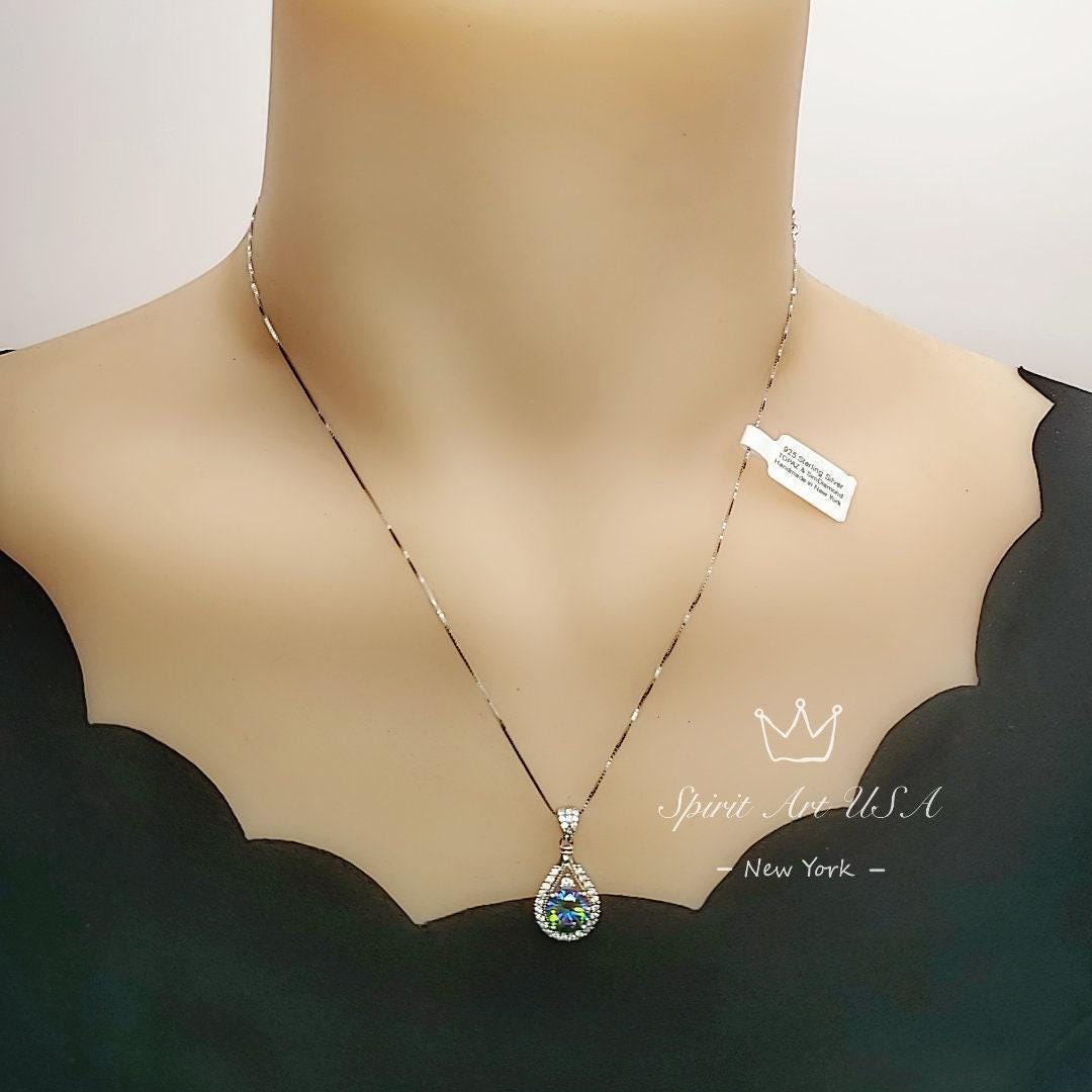 Mystic Rainbow Topaz Necklace - Sterling Silver Round 8mm Mystic Topaz Pendant - 18KGP - Teardrop Gemstone Halo Style #282