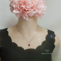 Gemstone Halo Ruby Necklace 2 CT Oval Solitaire Red Ruby Pendant Sterling Silver White Gold plated July Birthstone #164