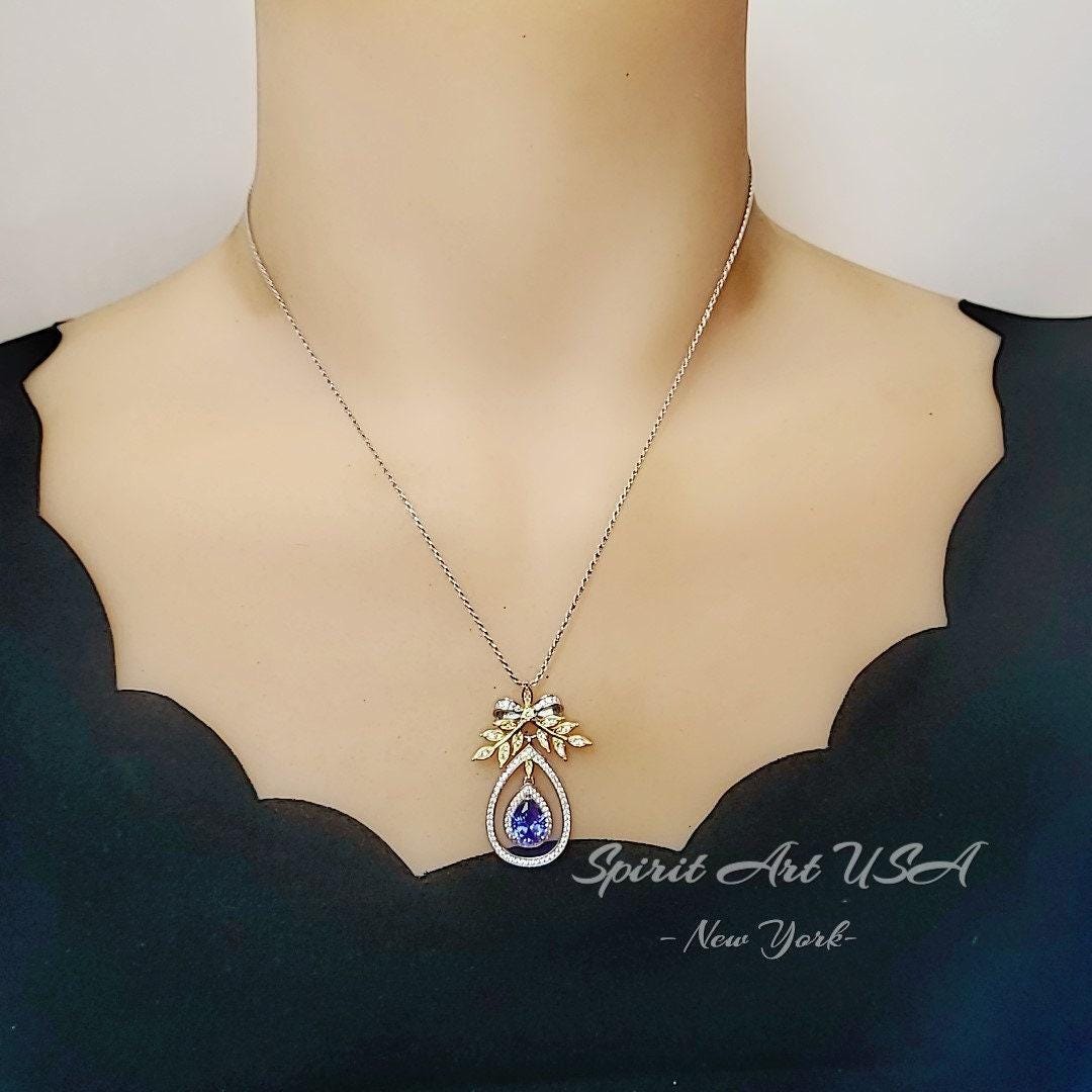 Teardrop Blue Tanzanite Necklace - Large Gold the Tree Of Life Pendant - 18KGP Sterling Silver olive branch Necklace #850