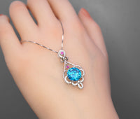 10mm Swiss Blue Topaz Necklace - Sterling Silver Flower 3.5 CT Blue Topaz Pendant - White Gold Plated Gemstone Halo Blue Topaz Pendant #504