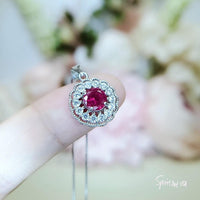 Tiny Ruby Flower Necklace Diamond Cherry Blossoms Sterling Silver White Gold Plated 0.85 CT July Birthstone 1049