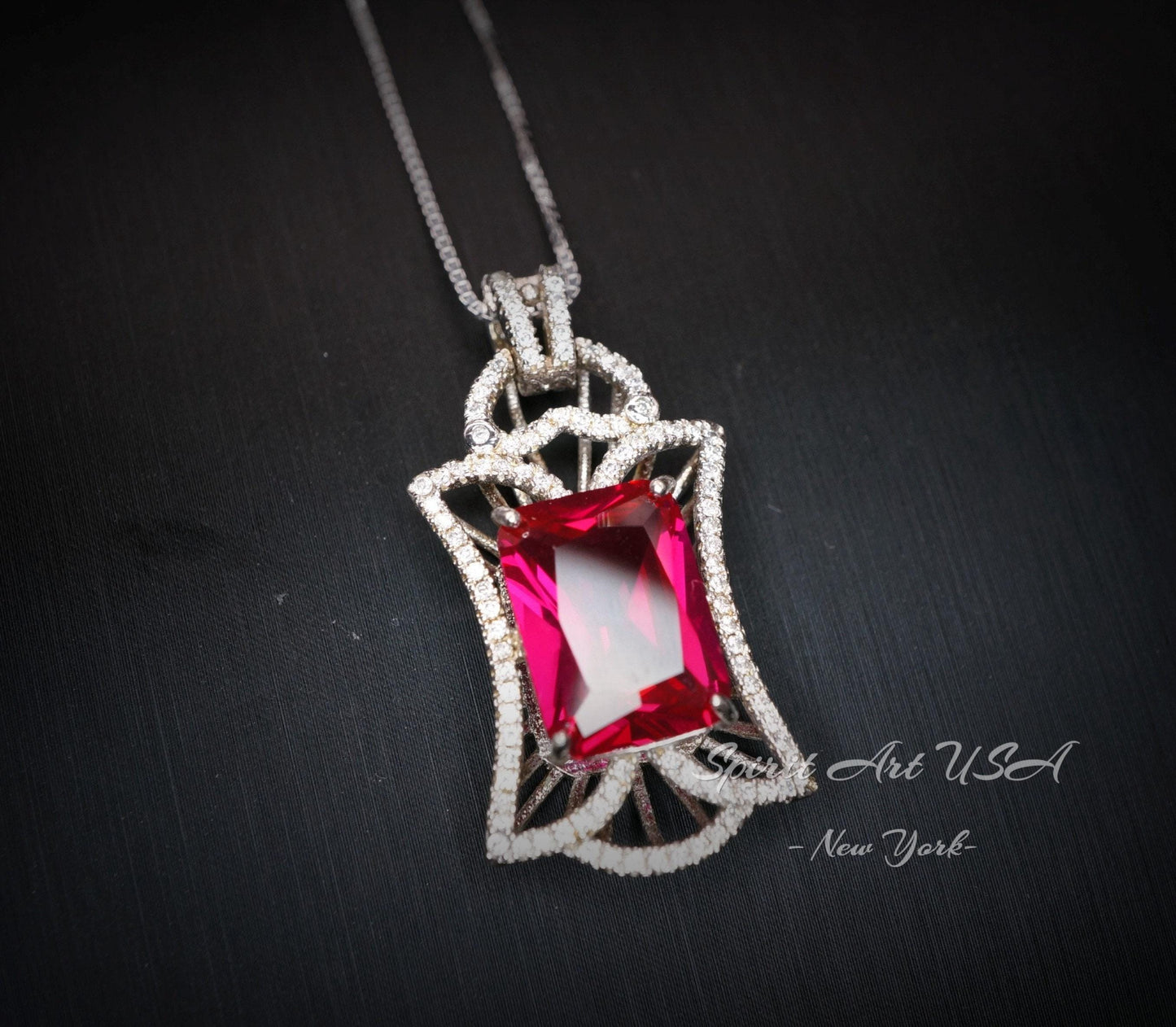 Large Ruby Necklace - Rectangle 10 CT Gemstone Red Ruby Pendant - 18KGP @ Sterling Silver - July Birthstone - Royal Flower Ruby Jewelry