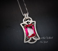 Large Ruby Necklace - Rectangle 10 CT Gemstone Red Ruby Pendant - 18KGP @ Sterling Silver - July Birthstone - Royal Flower Ruby Jewelry