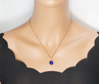 Lapis Lazuli Necklace - Rose Gold coated Sterling Silver Round Halo Gemstone Genuine Natural Blue Lapis Lazuli Pendant Jewelry #274