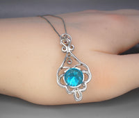 10mm Swiss Blue Topaz Necklace - Sterling Silver Flower 3.5 CT Blue Topaz Pendant - White Gold Plated Gemstone Halo Blue Topaz Pendant #504