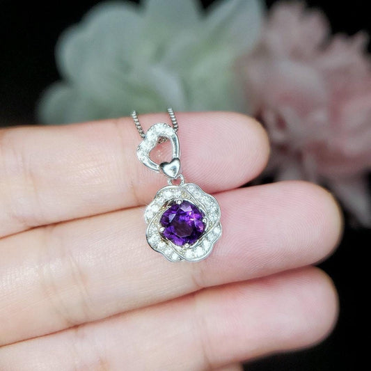 Natural Amethyst Necklace Pendant, February Birthstone 18K Gold Plated Sterling Silver Floral Design, rose flower jewelry #417