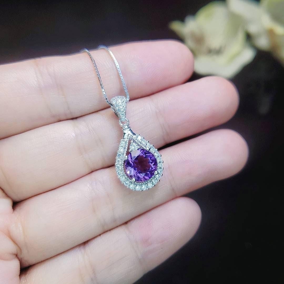 Genuine Amethyst Necklace - 925 Sterling Silver Round Natural Amethyst Pendant - Gemstone White Gold Plated February Birthstone #496