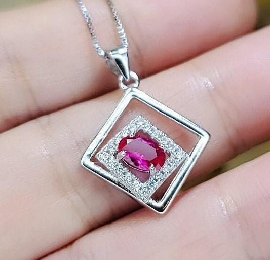 Geometric Ruby Necklace Sterling Silver Minimalist Double Square Tiny Ruby Pendant 015