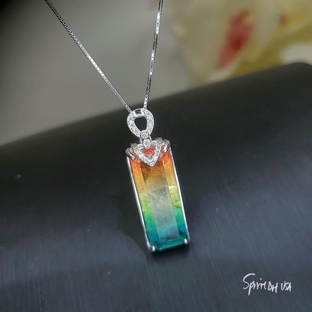 Rainbow Tourmaline Necklace Sterling Silver Rectangular Large Royal Gemstone Manmade Synthetic Water Melon Gemstone Pendant #980