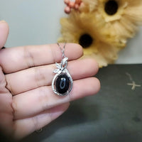 Large Black Onyx Necklace - Natural Black Agate Protective High Frequency Energy Leaf Jewelry Diamond Flower Sterling Silver 1039