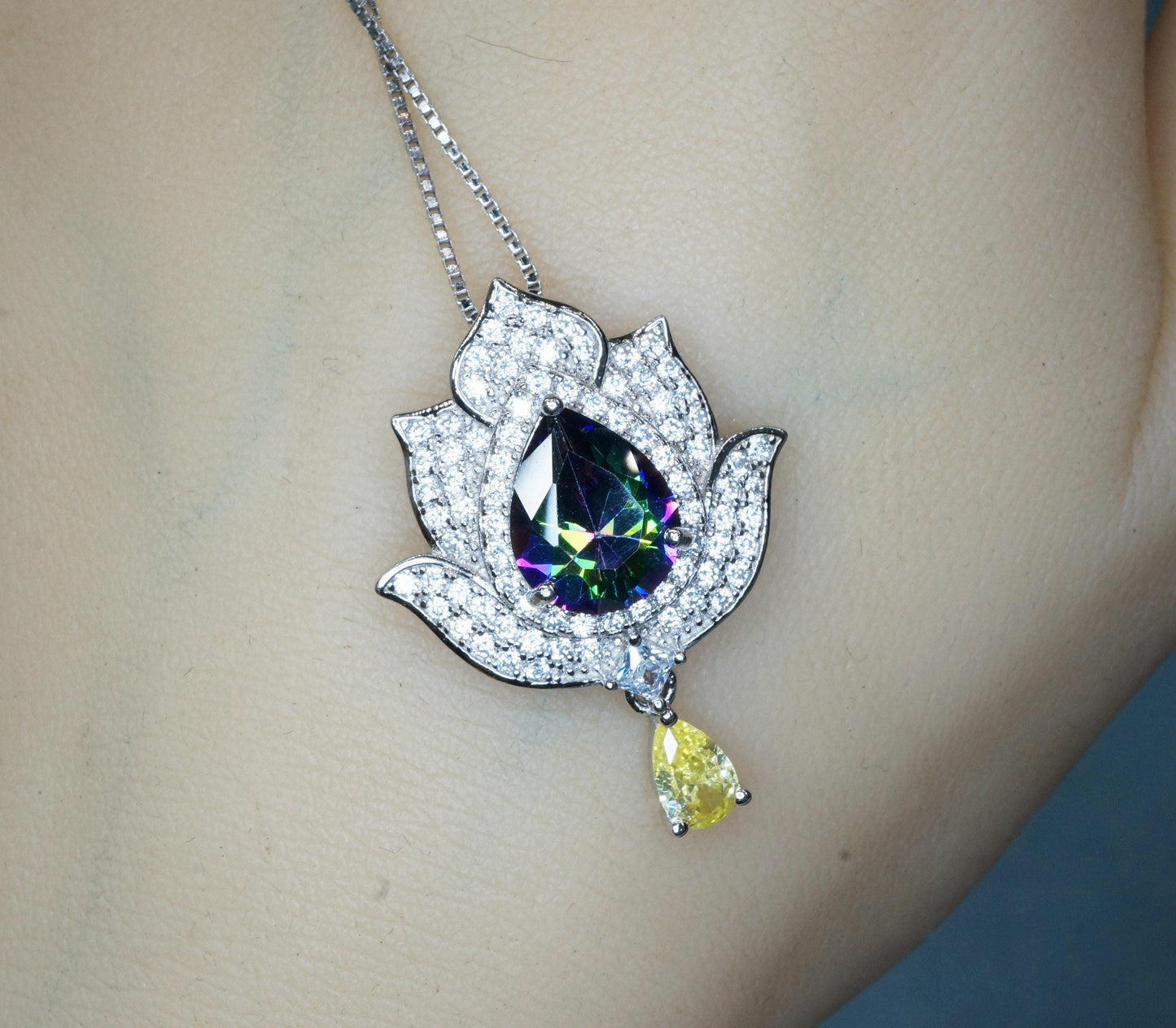 Mystic topaz Diamond Lotus Necklace - 18kgp @ Sterling Silver - Large Rainbow Mystic Topaz Pendant Luxury Flower Pendant #1004