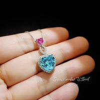 Aquamarine Double Heart Necklace - March Birthstone - 18KGP @ Sterling Silver - Double Heart 4Ct - Blue Aquamarine Pendant #786