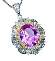 Large 2.8 Ct Pink Tourmaline Necklace - White Gold Diamond Flower Pink Tourmaline Pendant Sterling Silver Oval Fuchsia Gemstone Jewelry #662