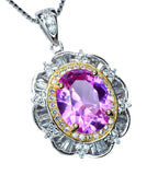 Large 2.8 Ct Pink Tourmaline Necklace - White Gold Diamond Flower Pink Tourmaline Pendant Sterling Silver Oval Fuchsia Gemstone Jewelry #662