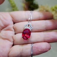 Large Ruby Necklace - Sterling Silver with 18kgp - Solitaire 7 CT Gemstone Crown Red Ruby Pendant - Oval Cut - July Birthstone #839