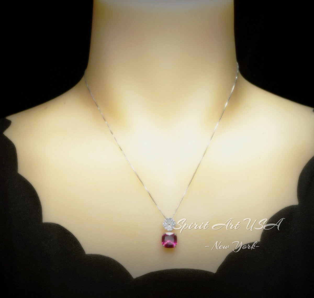 Pink Sapphire Necklace - Hot Pink Topaz Jewelry Four leaf clover Pendant - 18k@ Sterling Silver - Large Cushion Cut 6 CT Pink Sapphire #595
