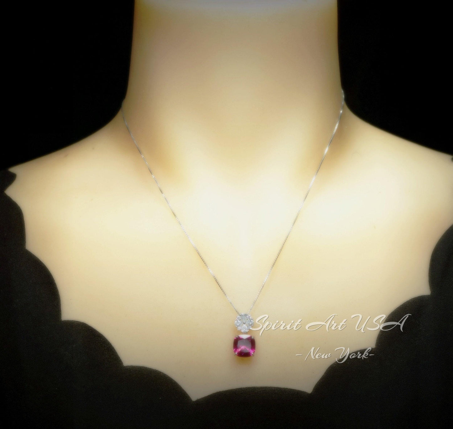 Pink Sapphire Necklace - Hot Pink Topaz Jewelry Four leaf clover Pendant - 18k@ Sterling Silver - Large Cushion Cut 6 CT Pink Sapphire #595