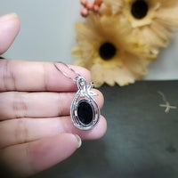 Large Black Onyx Necklace - Natural Black Agate Protective High Frequency Energy Leaf Jewelry Diamond Flower Sterling Silver 1039