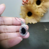 Large Black Onyx Necklace - Natural Black Agate Protective High Frequency Energy Leaf Jewelry Diamond Flower Sterling Silver 1039