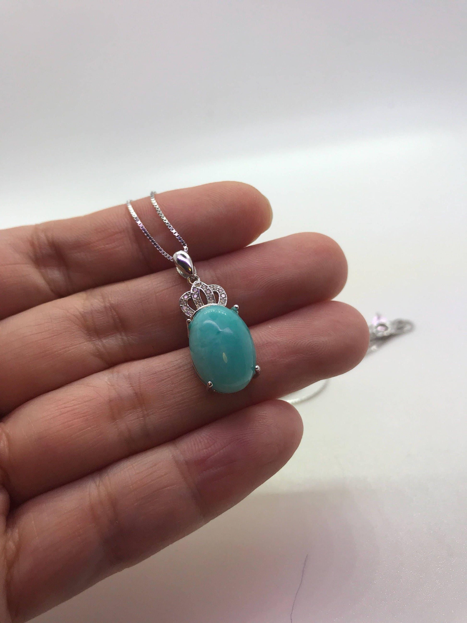 Natural blue amazonite necklace, sterling silver Diamond Crown Pendant 1032