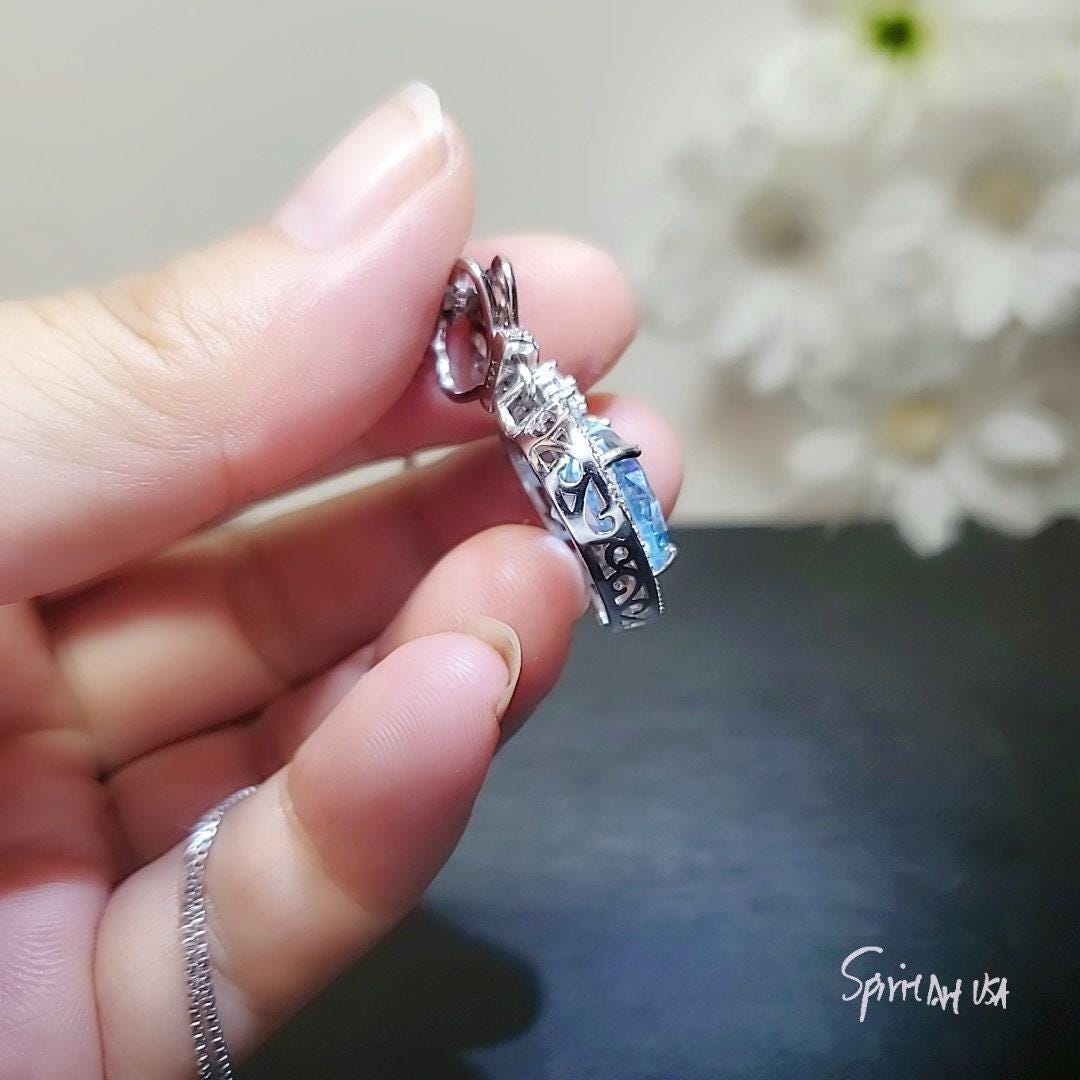 Aquamarine Necklace - Blue Hear Pendant - Sterling Silver Crown - Sim Gemstone - 7 Ct Blue Aquamarine Jewelry - March Birthstone #804