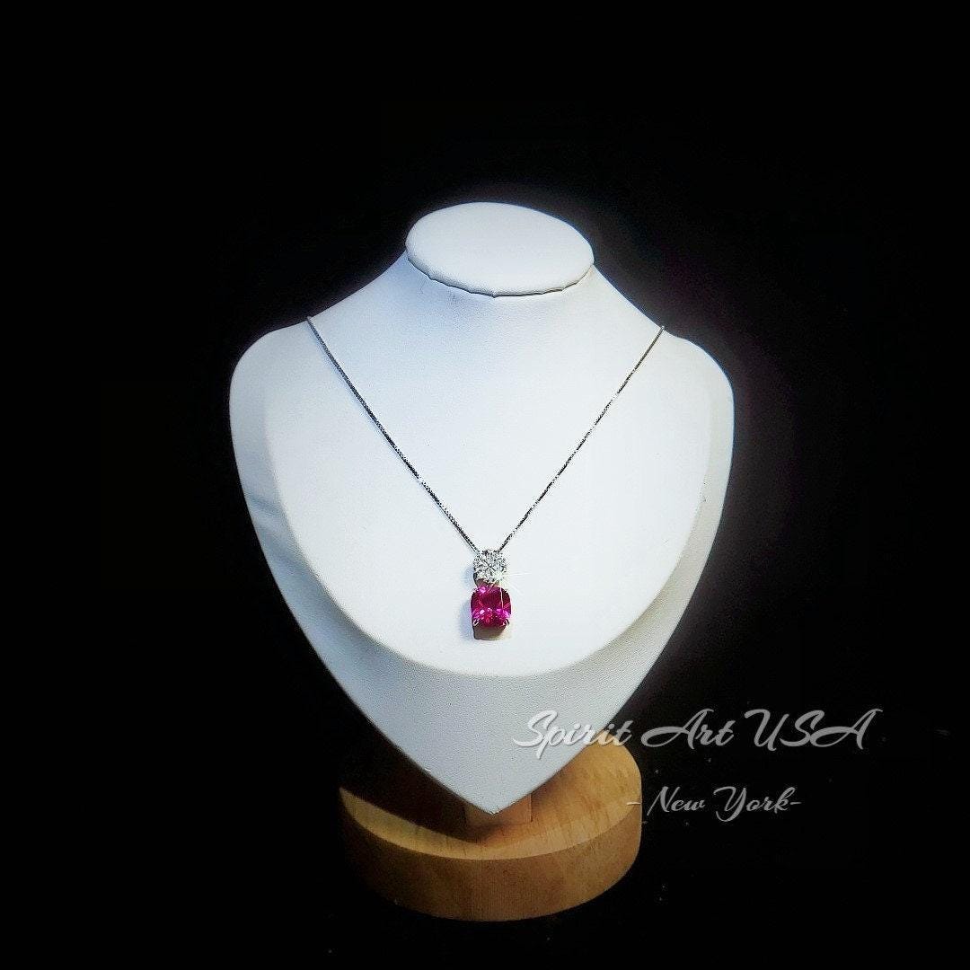 Pink Sapphire Necklace - Hot Pink Topaz Jewelry Four leaf clover Pendant - 18k@ Sterling Silver - Large Cushion Cut 6 CT Pink Sapphire #595