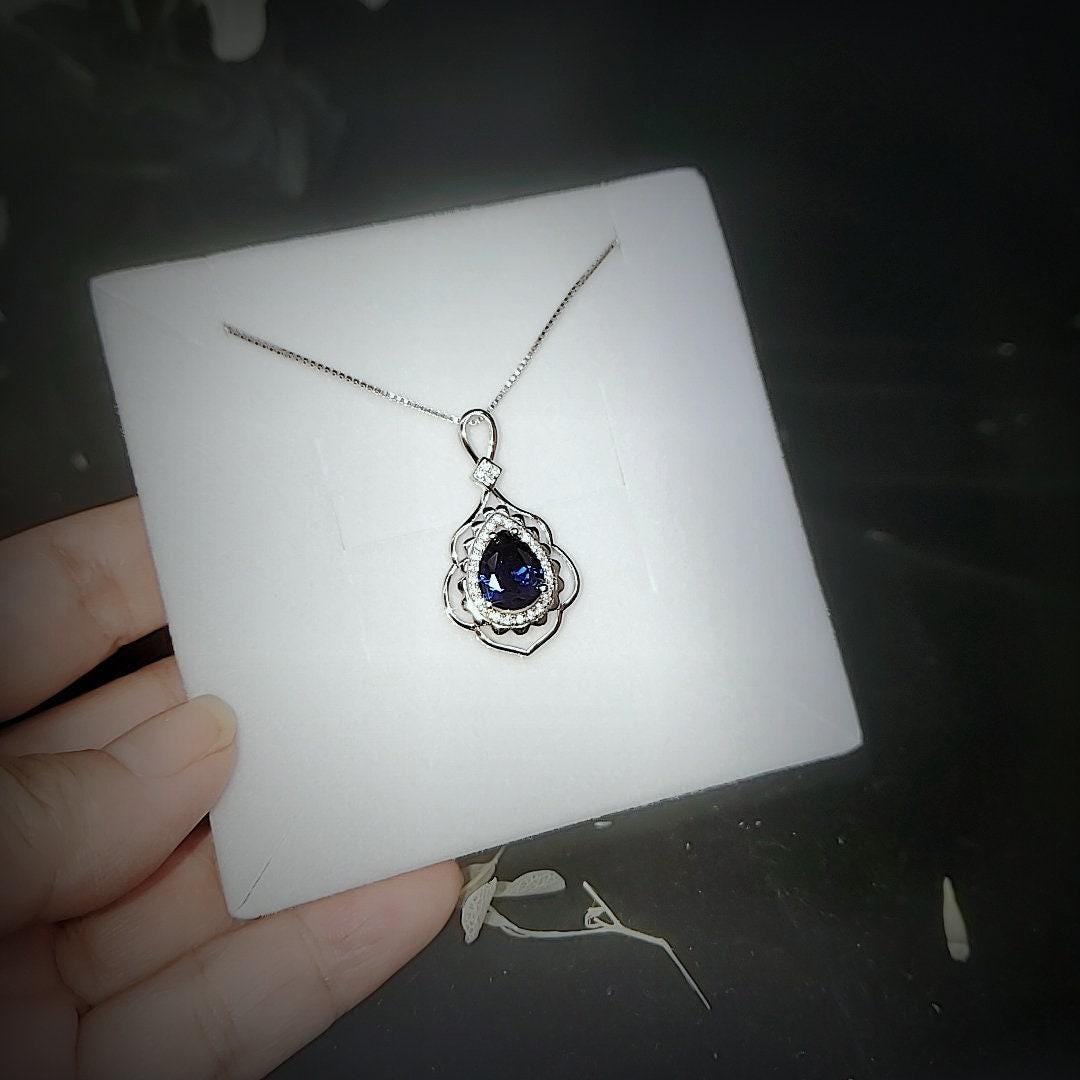 Teardrop Blue Sapphire Necklace 2.75 CT Royal Blue Sapphire Gemstone Pendant Sterling Silver Pear White Gold Petal Jewelry #773