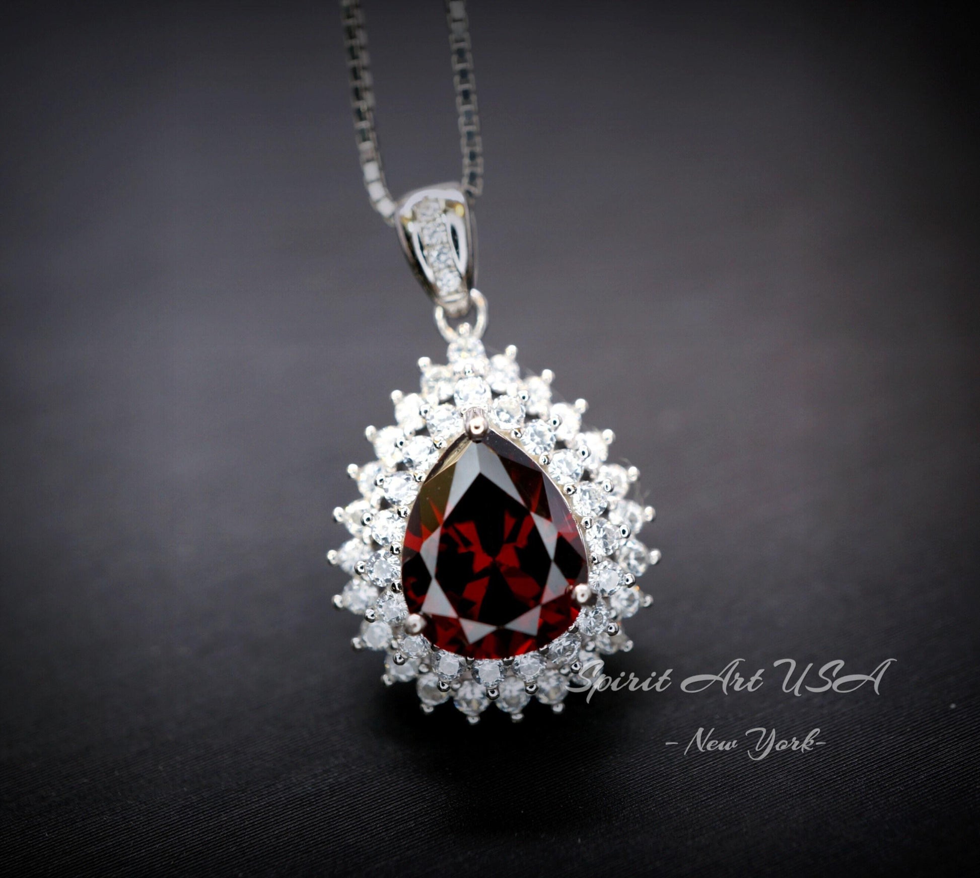 Double Halo Teardrop Garnet Necklace - 18KGP Sterling Silver - 2.75 CT Large Deep Red Garnet Pendant - Gemstone Pear Jewelry #684