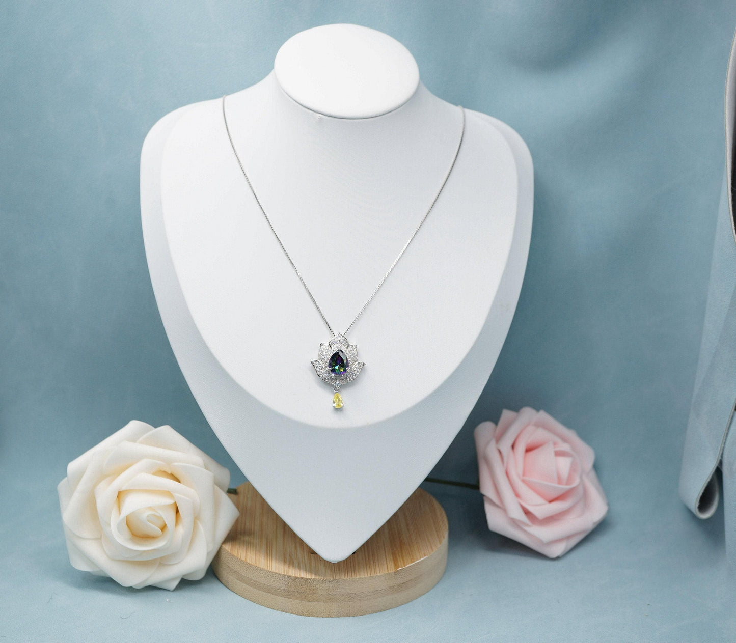 Mystic topaz Diamond Lotus Necklace - 18kgp @ Sterling Silver - Large Rainbow Mystic Topaz Pendant Luxury Flower Pendant #1004