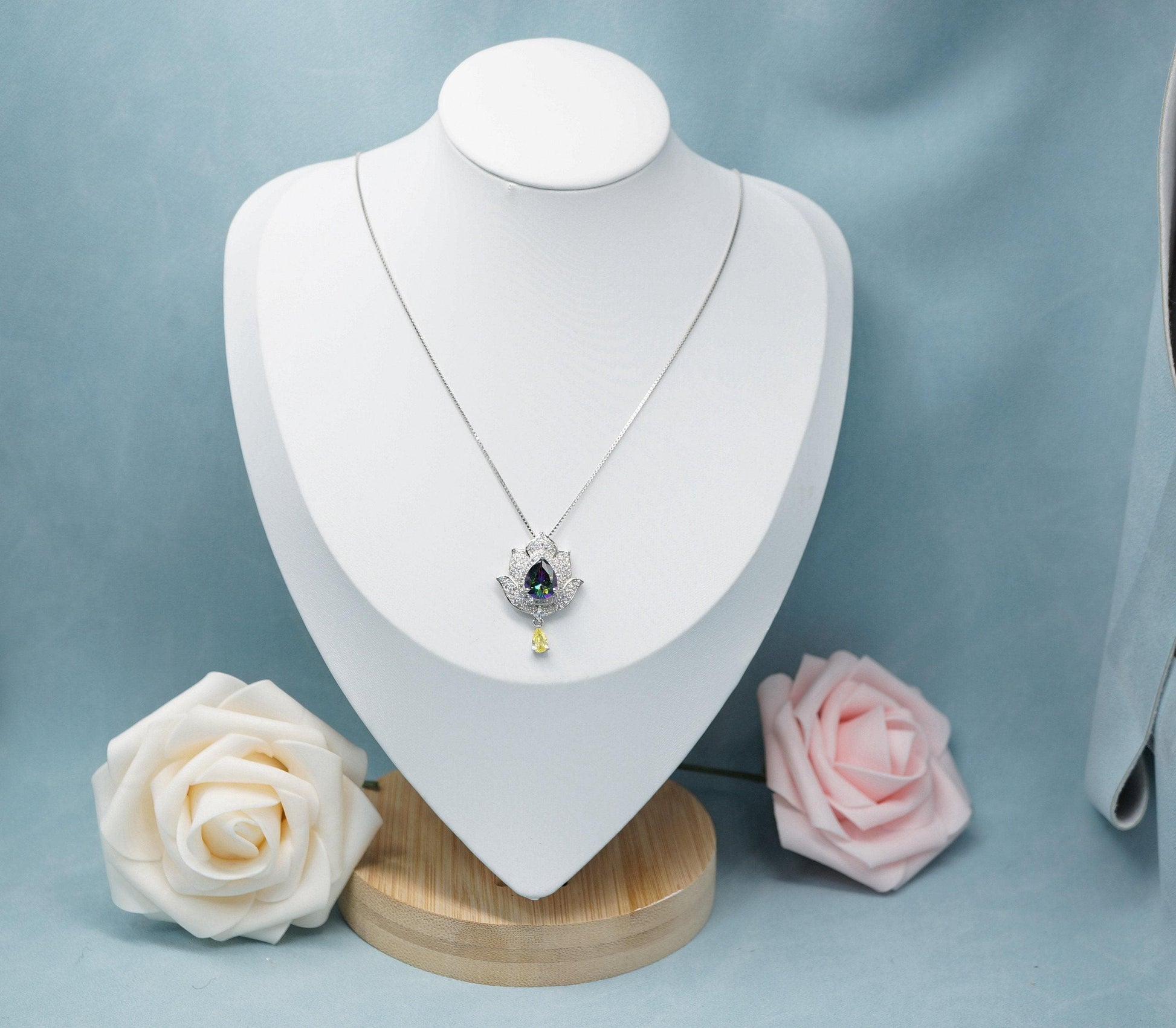 Mystic topaz Diamond Lotus Necklace - 18kgp @ Sterling Silver - Large Rainbow Mystic Topaz Pendant Luxury Flower Pendant #1004