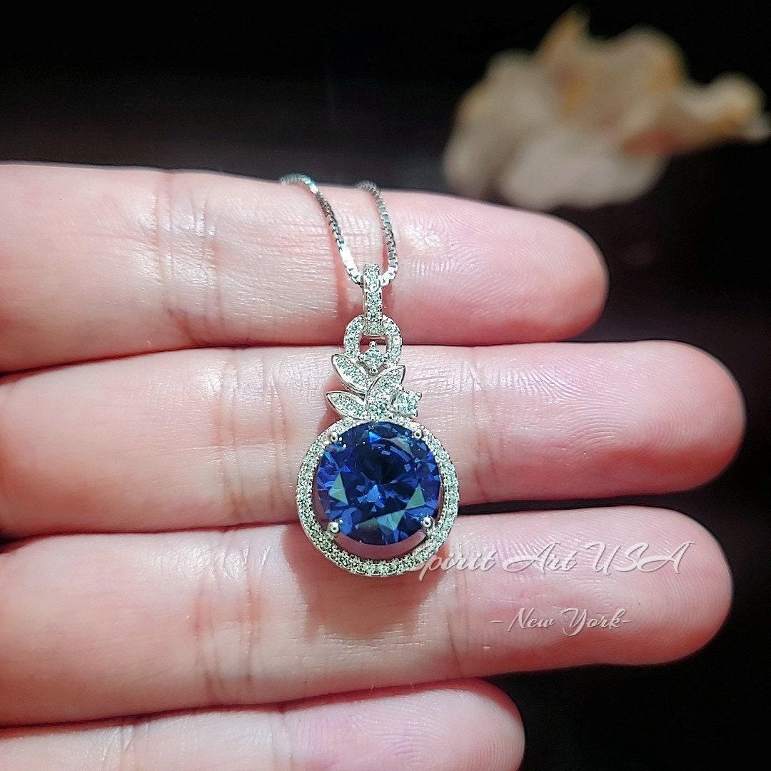 3.8 CT Blue Sapphire Necklace - 18KGP Sterling Silver Flower Petal - September Birthstone - Unique Design Sapphire Pendant #580