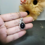 Large Black Onyx Necklace - Natural Black Agate Protective High Frequency Energy Leaf Jewelry Diamond Flower Sterling Silver 1039
