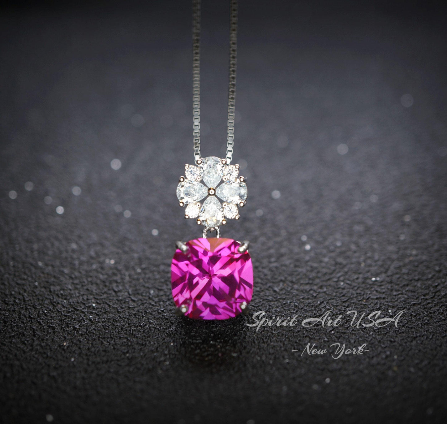 Pink Sapphire Necklace - Hot Pink Topaz Jewelry Four leaf clover Pendant - 18k@ Sterling Silver - Large Cushion Cut 6 CT Pink Sapphire #595