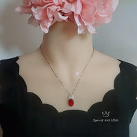 Large Ruby Necklace - Sterling Silver with 18kgp - Solitaire 7 CT Gemstone Crown Red Ruby Pendant - Oval Cut - July Birthstone #839