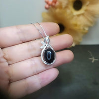 Large Black Onyx Necklace - Natural Black Agate Protective High Frequency Energy Leaf Jewelry Diamond Flower Sterling Silver 1039